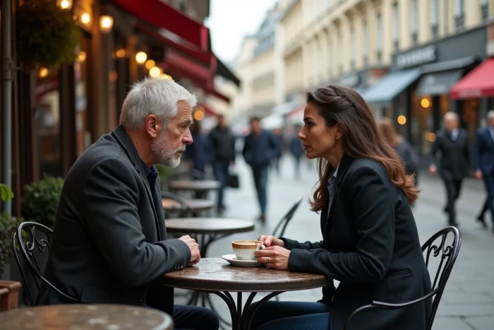 Deux journalistes en conversation sérieuse à une terrasse de café parisien, partageant leur vécu émotionnel face à la maladie