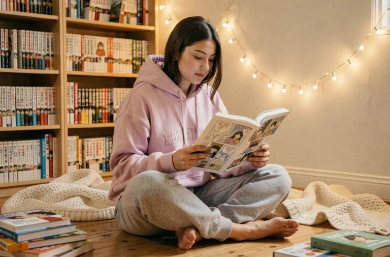 Jeune femme lisant un manga yaoi en édition française dans une chambre cosy entourée de livres