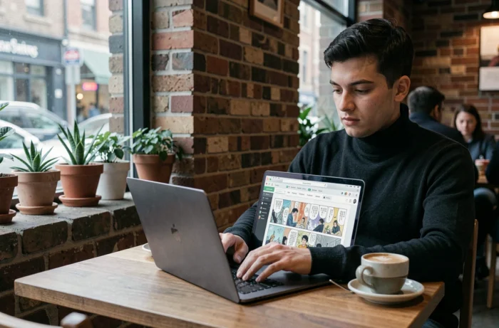 Homme lisant des scans manga yaoi en VF sur un ordinateur portable dans un café moderne