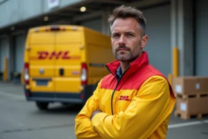 Livreur DHL en grève devant un camion de livraison arrêté dans un terminal de fret urbain