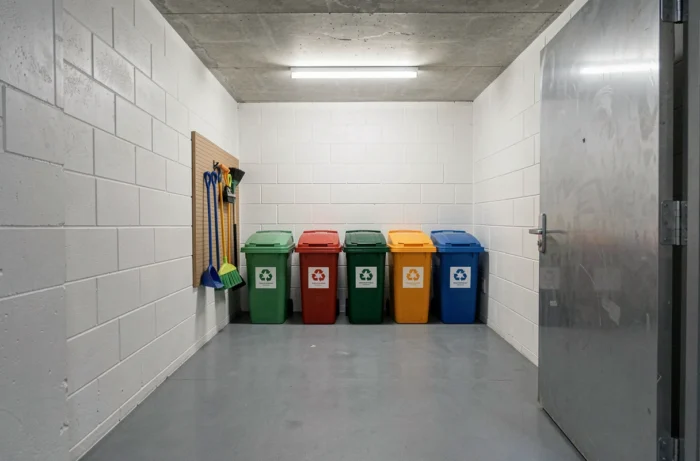Local poubelle collectif en sous-sol d'immeuble avec bacs de tri colorés alignés, outils de nettoyage au mur et sol en résine époxy gris, aménagement pratique et propre