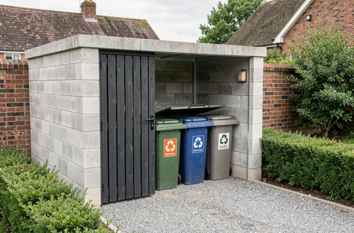 Local poubelle extérieur bien aménagé avec des blocs béton et une porte à lattes en bois anthracite, trois bacs de tri colorés visibles à l'intérieur, aménagement pratique et économique style Brico Dépôt