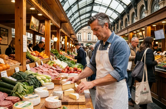 Vendeur de fromages artisanaux dans un marché couvert lyonnais avec étals de spécialités régionales