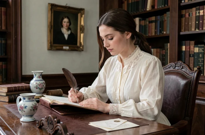Jeune femme aristocratique du XIXe siècle écrivant dans un journal intime à un bureau en bois sculpté dans une chambre privée ornée de livres anciens et de souvenirs personnels, rappelant le quotidien intime de Marie-Valérie d'Autriche