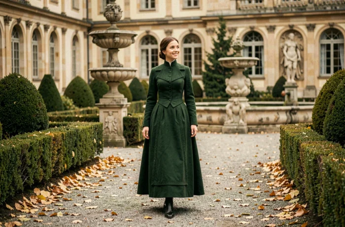 Femme en robe victorienne verte marchant dans un jardin impérial autrichien en automne, feuilles dorées au sol et fontaines baroques en arrière-plan, dans l'esprit de la vie de Marie-Valérie d'Autriche