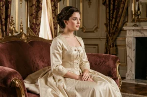 Portrait d'une jeune aristocrate autrichienne en robe de soie ivoire du XIXe siècle assise dans un palais viennois ornementé, évoquant Marie-Valérie d'Autriche, fille de l'impératrice Sissi