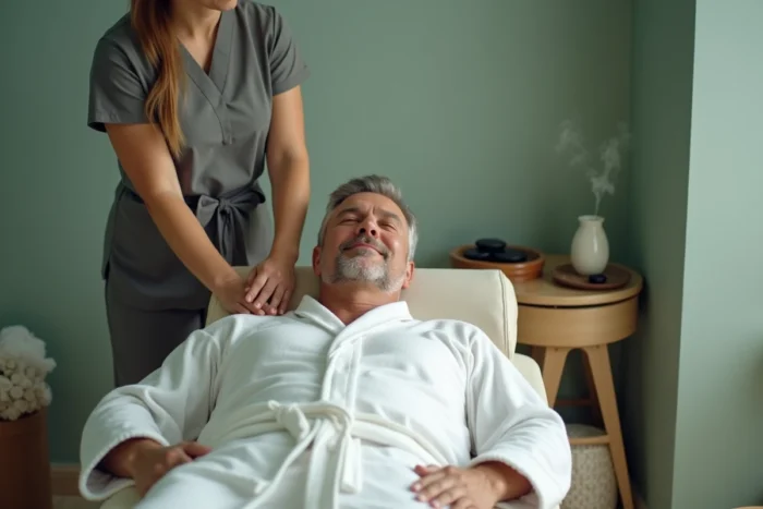 Massage suédois relaxant pour homme dans une salle de soin spa minimaliste et apaisante