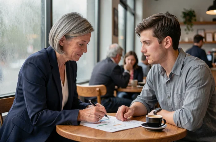 Mentor accompagnant un jeune entrepreneur lors d'une séance de coaching individuel dans un café urbain