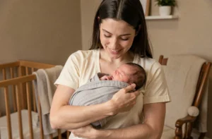 Mère tenant tendrement son bébé de 3 semaines emmailloté dans une couverture en mousseline grise dans une chambre de bébé cosy