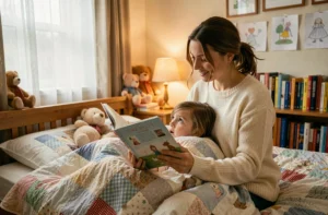 Une mère lit une histoire illustrée à sa fille le soir avant de dormir dans une chambre cosy
