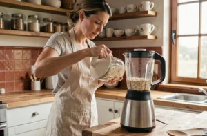 Femme versant des flocons d'avoine dans un blender sur un comptoir en bois dans une cuisine moderne et chaleureuse