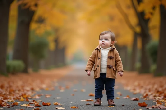 Tout-petit en manteau camel et pantalon marine debout dans un parc en automne entouré de feuilles dorées