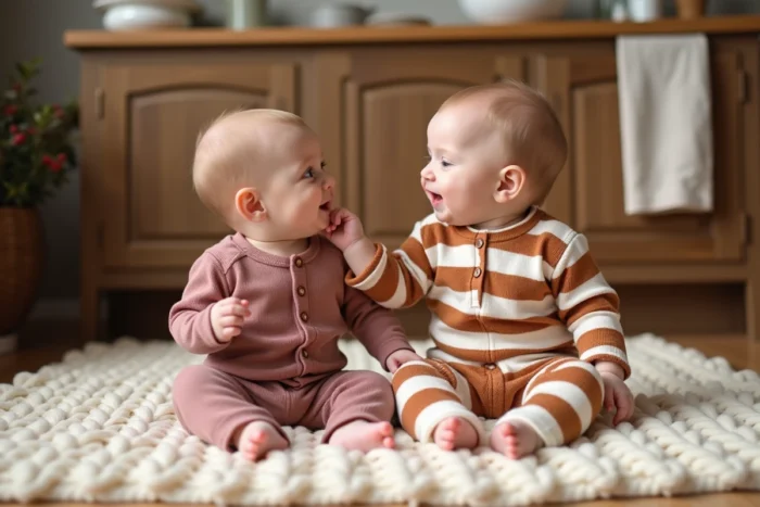 Deux bébés assis sur une couverture en tricot dans une cuisine en bois, habillés en tenues coordonnées rose et terracotta