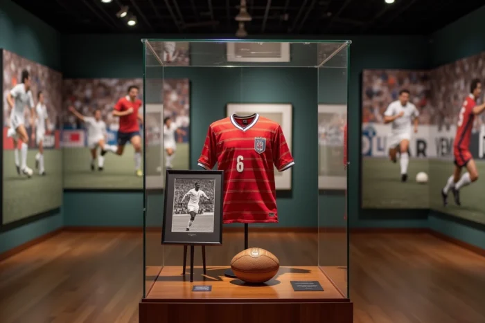 Exposition muséale consacrée au football européen des années 1980 avec maillot vintage et photographies d'archives, rendant hommage à l'influence historique de Ruud Gullit