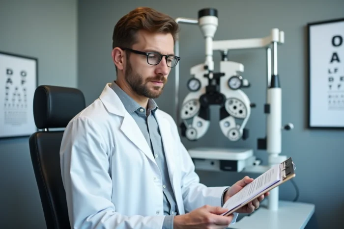 Opticien agréé Itelis consultant la grille tarifaire optique 2024 dans son cabinet