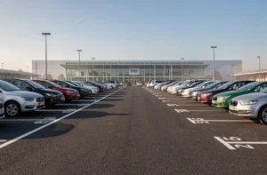 Parking extérieur moderne près de la gare de Valence TGV avec rangées de voitures garées et marquages au sol bien visibles
