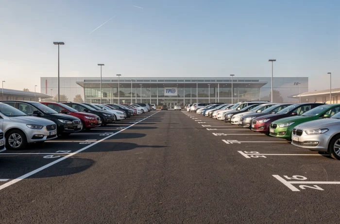 Parking extérieur moderne près de la gare de Valence TGV avec rangées de voitures garées et marquages au sol bien visibles