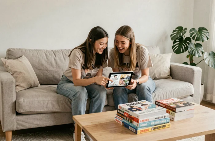 Deux jeunes femmes partageant la lecture d'un one-shot yaoi en ligne sur une tablette dans un salon