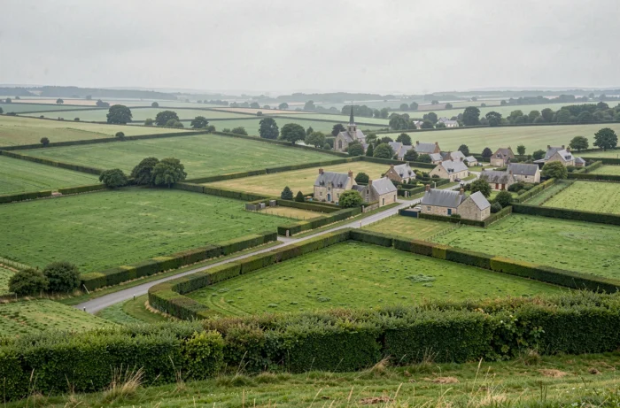 Paysage rural typique du Pays de Guingamp avec bocage breton, fermes en pierre et clocher de village