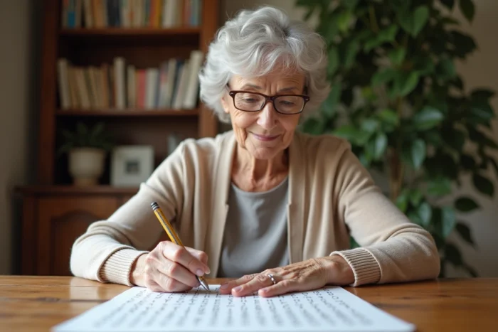 Personne âgée malvoyante remplissant un mots mêlés en grands caractères imprimé sur papier épais à la maison