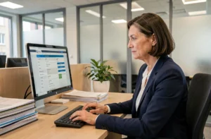 Personnelle administrative de l'académie de Grenoble utilisant le portail PIA sur son ordinateur de bureau