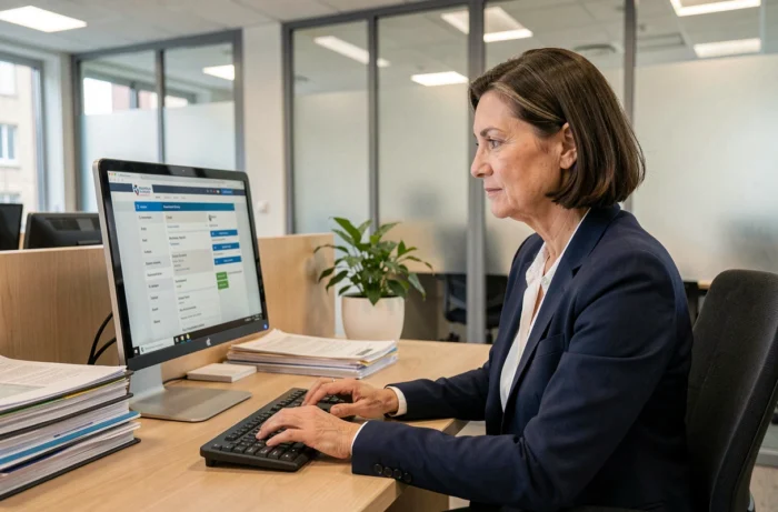 Personnelle administrative de l'académie de Grenoble utilisant le portail PIA sur son ordinateur de bureau