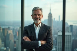 Portrait d'un dirigeant industriel expérimenté dans un bureau moderne avec vue sur la ville, illustrant le parcours de Marc Warnod