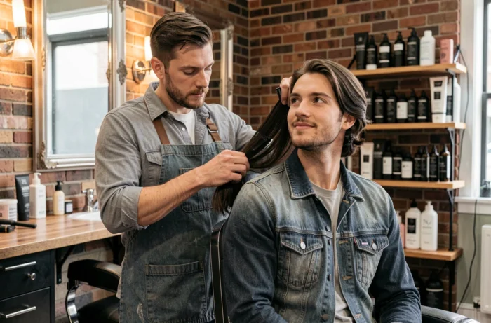 Homme en train de faire poser des extensions de cheveux dans un salon de coiffure moderne
