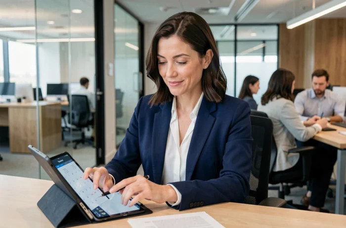 Professionnelle en blazer marine consultant un agenda numérique sur tablette dans un bureau moderne pour optimiser sa gestion avec RDV Pro