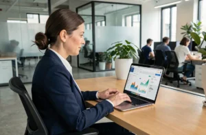 Professionnelle en marketing analysant un tableau de bord numérique sur ordinateur portable dans un bureau moderne