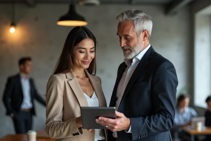 Deux professionnels validant une signature électronique sur tablette dans un espace de co-working moderne