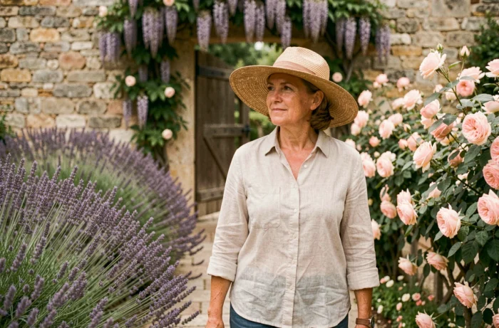 Femme se promenant dans un jardin provençal en fleurs parmi les lavandes et les rosiers en été
