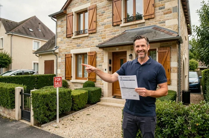 Propriétaire devant sa maison à vendre avec une annonce imprimée, panneau À vendre visible en façade