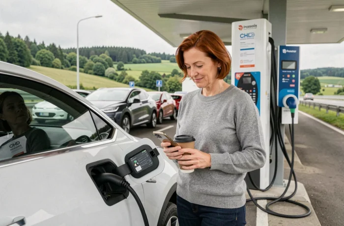 Femme rechargeant son SUV électrique à une borne de recharge rapide sur autoroute en 2024