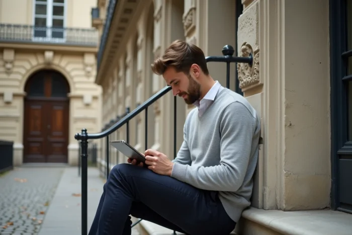 Homme consultant des annonces Immo Proxima sur tablette devant un immeuble haussmannien à Paris