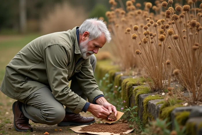 Jardinier récoltant des graines de tanaisie séchées dans une enveloppe en papier au jardin en automne, mains au premier plan
