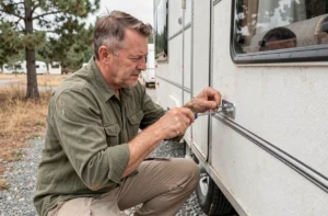 Homme réparant un compas de fenêtre de caravane avec un tournevis à plat genoux sur un terrain de camping en gravier