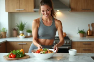 Femme préparant un repas équilibré et sain dans une cuisine moderne pour perdre du poids