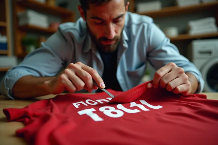 Homme retirant délicatement le flocage d'un maillot de football rouge sur un établi en bois avec une spatule en plastique