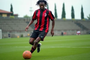 Footballeur portant un maillot vintage AC Milan dribblant sur un terrain d'entraînement italien dans le style des années 1980, évoquant l'ère de Ruud Gullit en Serie A