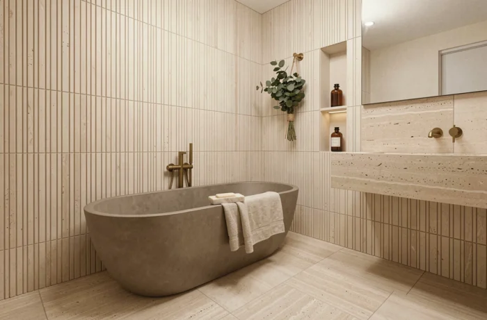 Salle de bain moderne style wellness avec baignoire en pierre, carrelage travertin et décoration naturelle pour un intérieur cocon contemporain