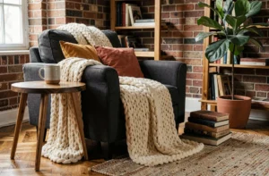 Coin salon cosy avec fauteuil en lin, plaid en maille épaisse, tasse en céramique et plante verte sur parquet chêne