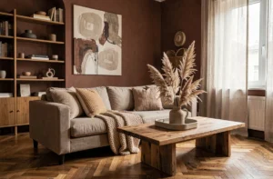 Salon moderne et cosy avec canapé en lin, table basse en chêne brut et décoration intérieure aux tons chauds pour un cocon contemporain