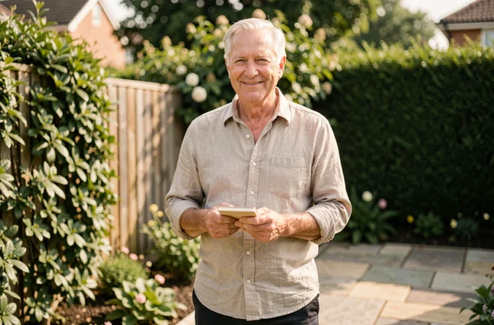 Senior man die glimlacht in zijn tuin met een notitieboekje, wat de overgang naar pensioen na een einde carrière verlof symboliseert
