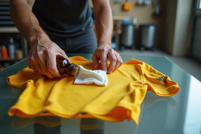 Mains masculines appliquant un solvant à l'acétone sur les restes de flocage d'un maillot de football jaune avec un chiffon microfibre