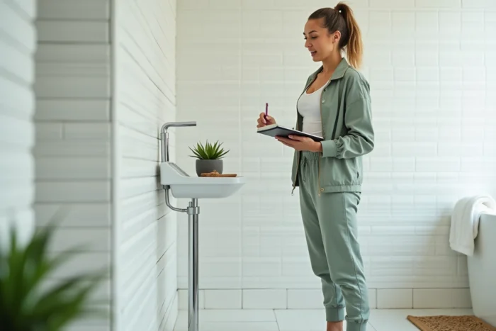 Femme se pesant sur une balance dans une salle de bain et notant ses progrès de perte de poids