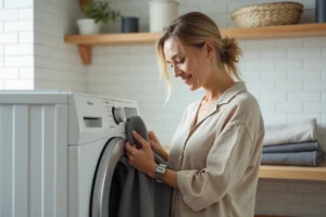 Femme inspectant le symbole d'essorage sur l'étiquette d'entretien d'un pull en laine devant un lave-linge moderne