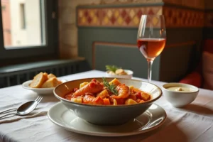 Table dressée au restaurant Chez Sylvie à Marseille avec une bouillabaisse traditionnelle et un verre de rosé provençal