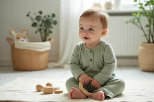 Bébé de 8 mois en barboteuse en coton bio vert sauge assis sur un tapis en lin dans une chambre de style scandinave