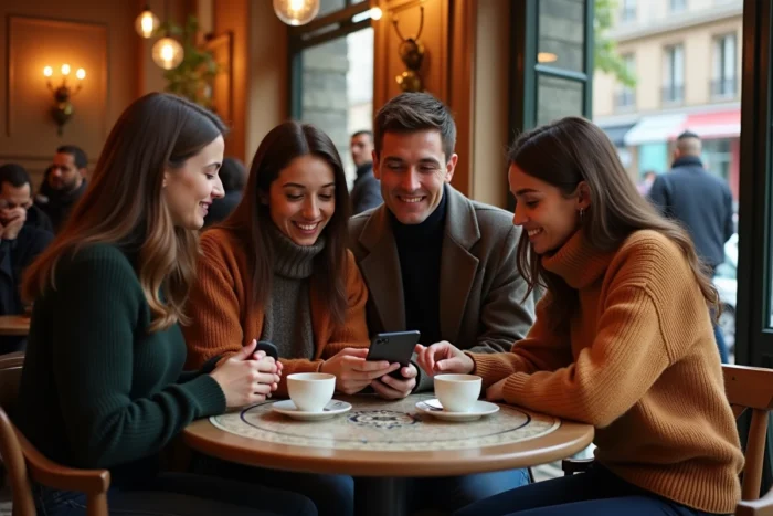 Groupe de jeunes professionnels français discutant des dernières tendances numériques autour d'un smartphone dans un café parisien